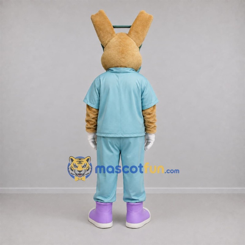 Custom Tan and Light Blue Doctor Rabbit Mascot Costume Adult Full Body Suit for Health Events