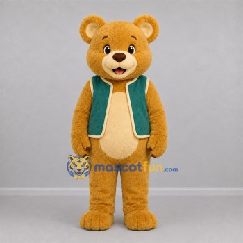 Custom Tan and Green Teddy Bear Mascot Costume Adult Full Body Suit for School Events