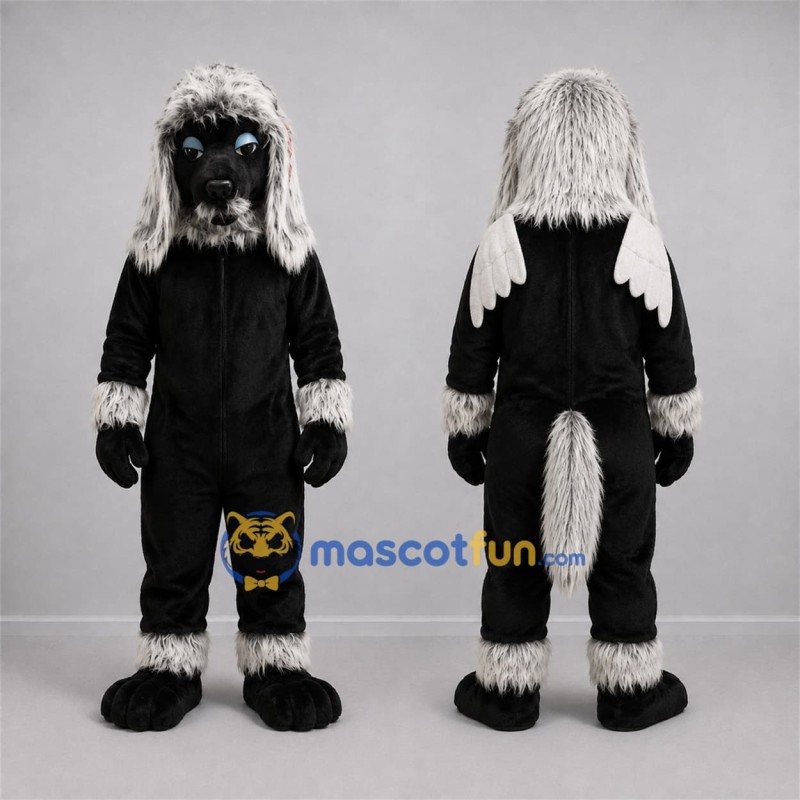 Custom Black and White Winged Dog Mascot Costume Adult Full Body Suit for Fantasy Events Custom Black and White Winged Dog Mascot Costume Adult Full Body Suit for Fantasy Events
