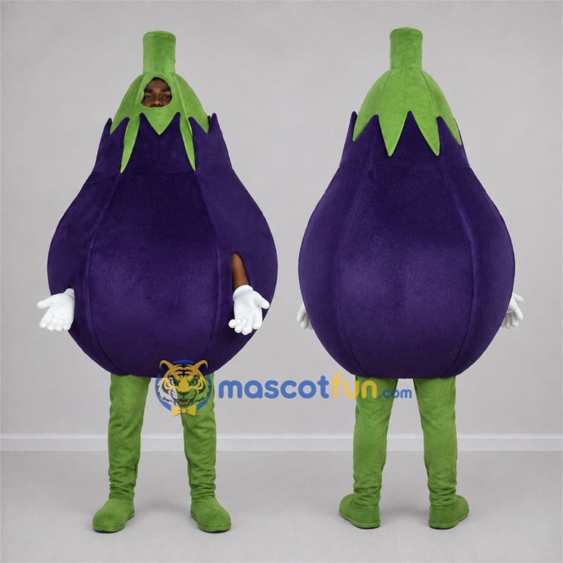 Custom Purple and Green Eggplant Mascot Costume Adult Full Body Suit for Food Festivals Custom Purple and Green Eggplant Mascot Costume Adult Full Body Suit for Food Festivals