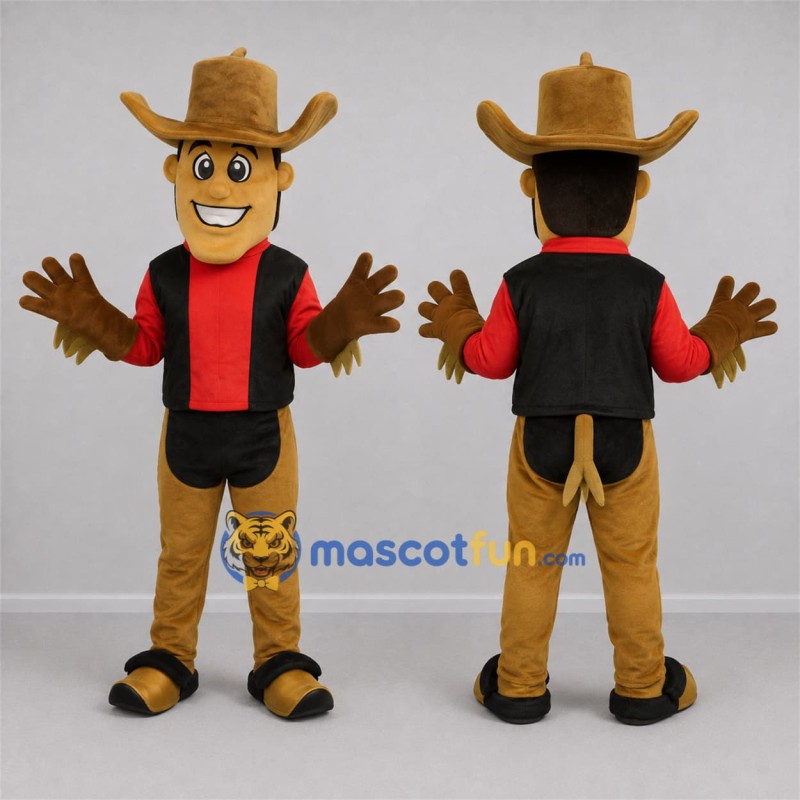Custom Tan and Red Cowboy Mascot Costume Adult Full Body Suit for Western Events Custom Tan and Red Cowboy Mascot Costume Adult Full Body Suit for Western Events