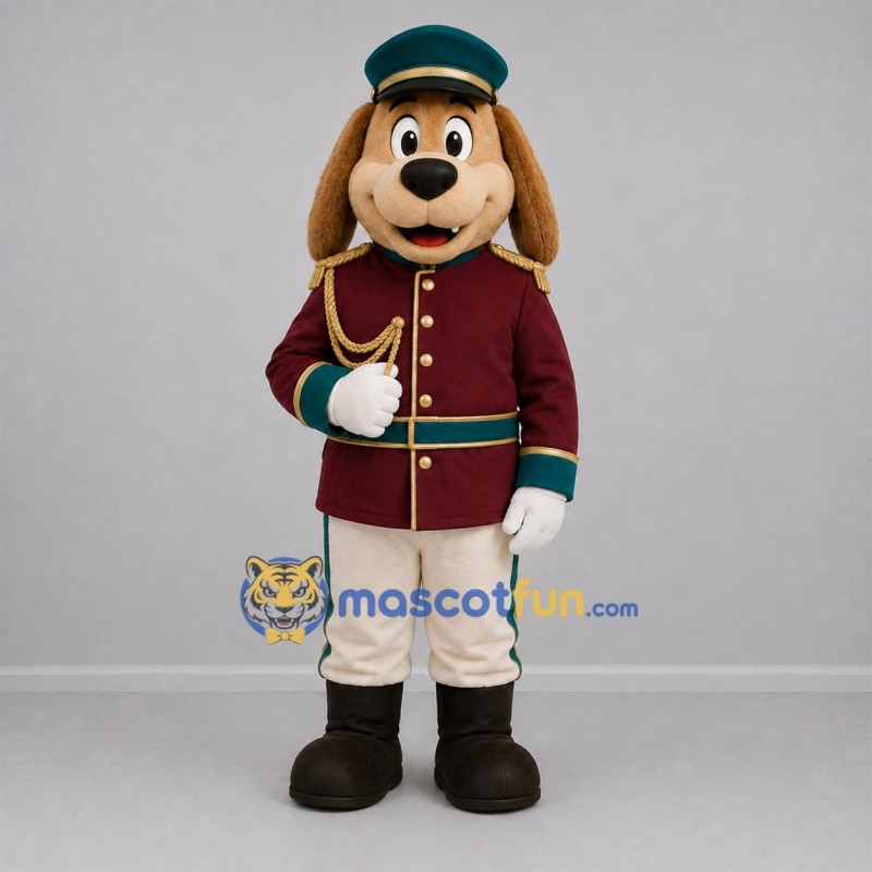 Custom Brown and Burgundy Bellhop Dog Mascot Costume Adult Full Body Suit for Hospitality Events Custom Brown and Burgundy Bellhop Dog Mascot Costume Adult Full Body Suit for Hospitality Events