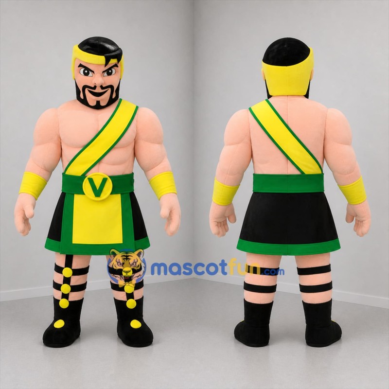 Custom Green and Yellow Warrior Mascot Costume Adult Full Body Suit for Sports Events