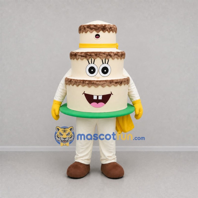 Custom White and Brown Tiered Cake Mascot Costume Adult Full Body Suit for Bakery Promotions