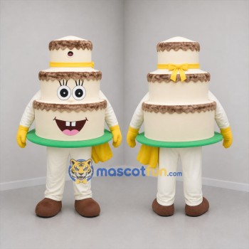Custom White and Brown Tiered Cake Mascot Costume Adult Full Body Suit for Bakery Promotions