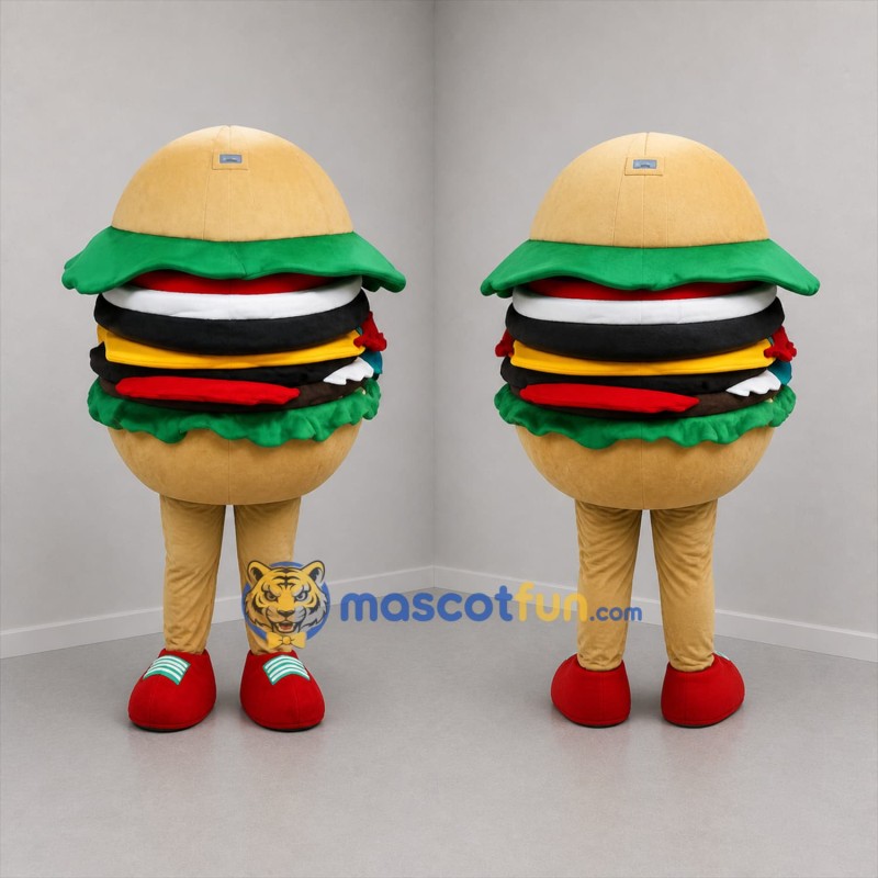 Custom Tan and Green Hamburger Mascot Costume Adult Full Body Suit for Restaurant Promotions