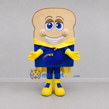 Custom Tan and Blue Superhero Toast Mascot Costume Adult Full Body Suit for Bakery Promotions