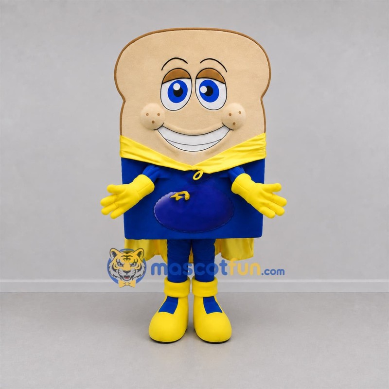 Custom Tan and Blue Superhero Toast Mascot Costume Adult Full Body Suit for Bakery Promotions