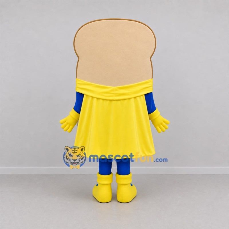 Custom Tan and Blue Superhero Toast Mascot Costume Adult Full Body Suit for Bakery Promotions