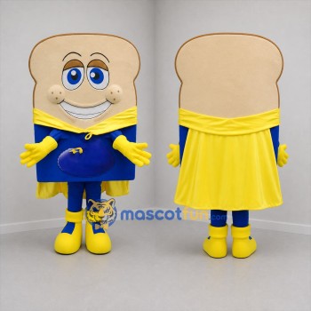 Custom Tan and Blue Superhero Toast Mascot Costume Adult Full Body Suit for Bakery Promotions