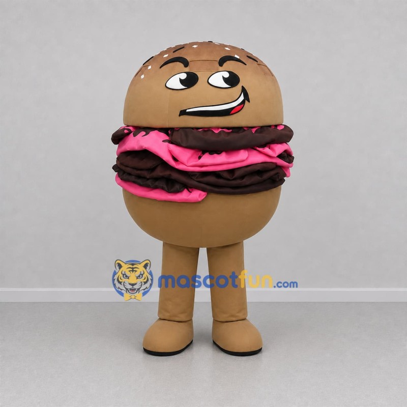 Custom Brown and Pink Hamburger Mascot Costume Adult Full Body Suit for Restaurant Promotions