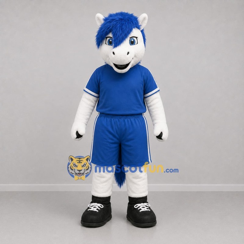 Custom White and Blue Horse Mascot Costume Adult Full Body Suit for Sports Events
