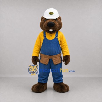 Custom Brown and Blue Construction Beaver Mascot Costume Adult Full Body Suit for Trade Shows