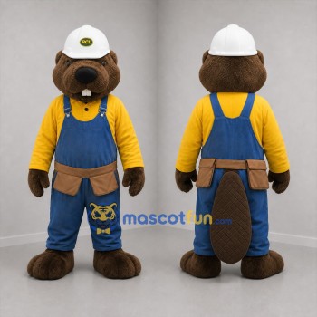 Custom Brown and Blue Construction Beaver Mascot Costume Adult Full Body Suit for Trade Shows