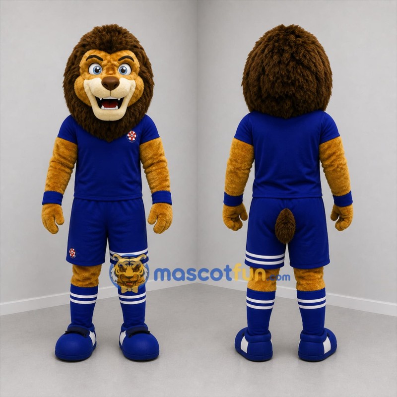 Custom Brown and Blue Lion Mascot Costume Adult Full Body Suit for Soccer Games