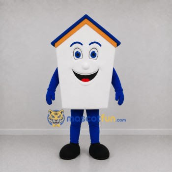 Custom White and Blue House Mascot Costume Adult Full Body Suit for Real Estate Promotions