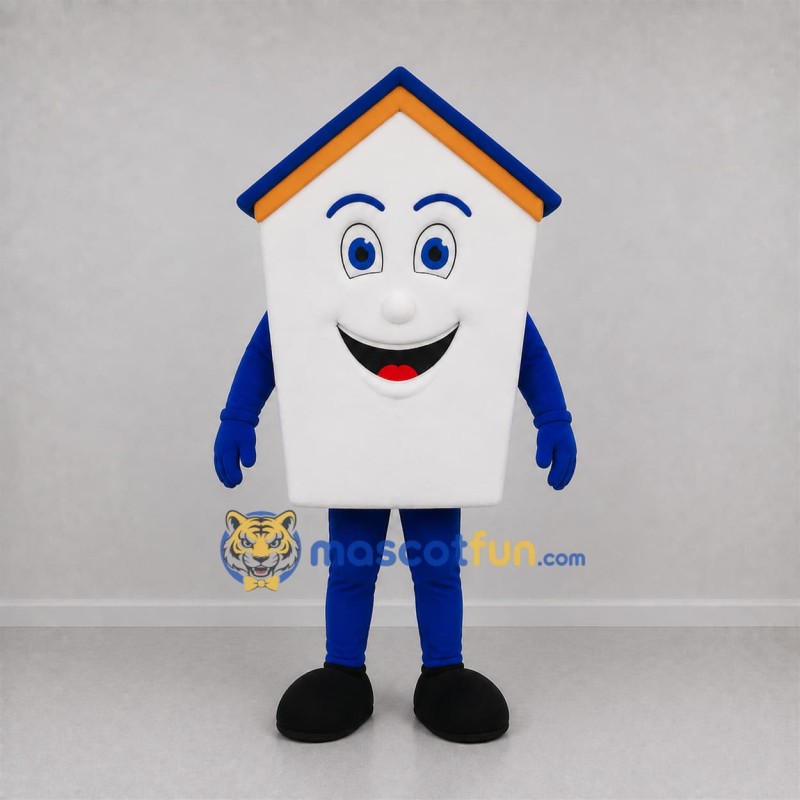 Custom White and Blue House Mascot Costume Adult Full Body Suit for Real Estate Promotions