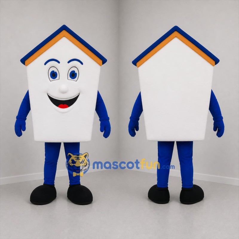 Custom White and Blue House Mascot Costume Adult Full Body Suit for Real Estate Promotions