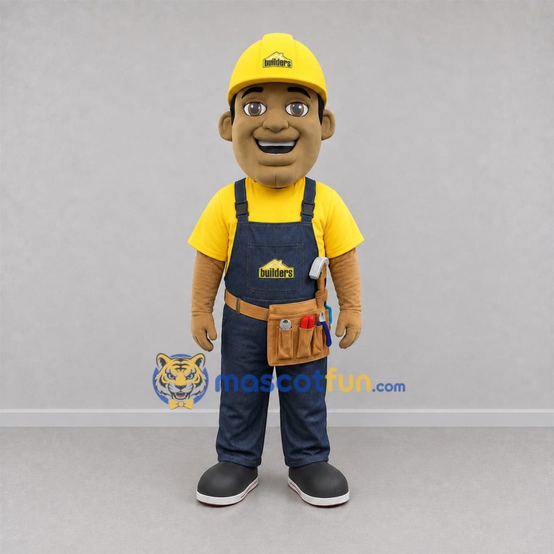 Custom Yellow and Blue Construction Worker Mascot Costume Adult Full Body Suit for Trade Shows