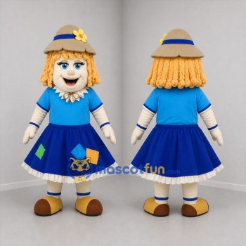 Custom Blue and Tan Scarecrow Girl Mascot Costume Adult Full Body Suit for Harvest Festivals