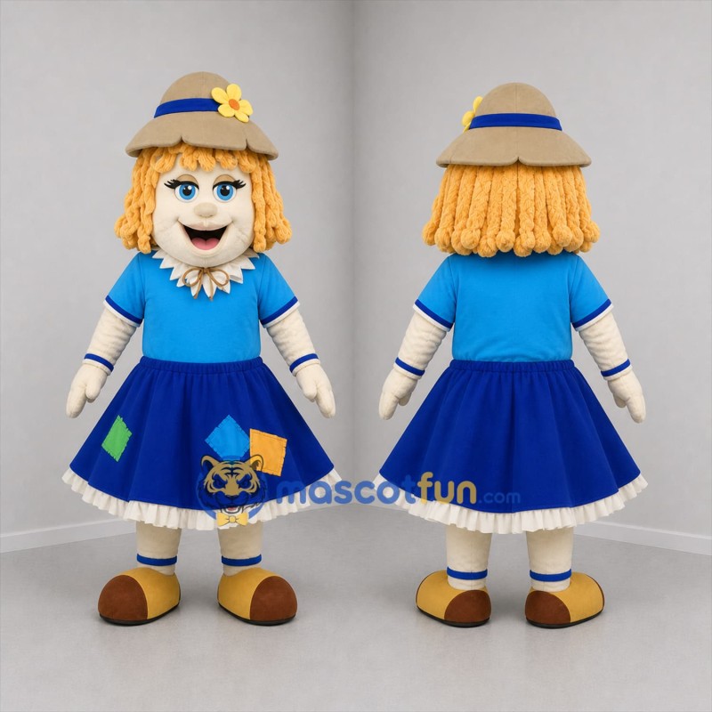 Custom Blue and Tan Scarecrow Girl Mascot Costume Adult Full Body Suit for Harvest Festivals