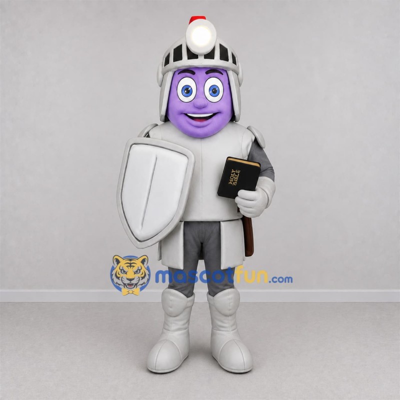 Custom Silver and Purple Knight Mascot Costume Adult Full Body Suit for Church Events