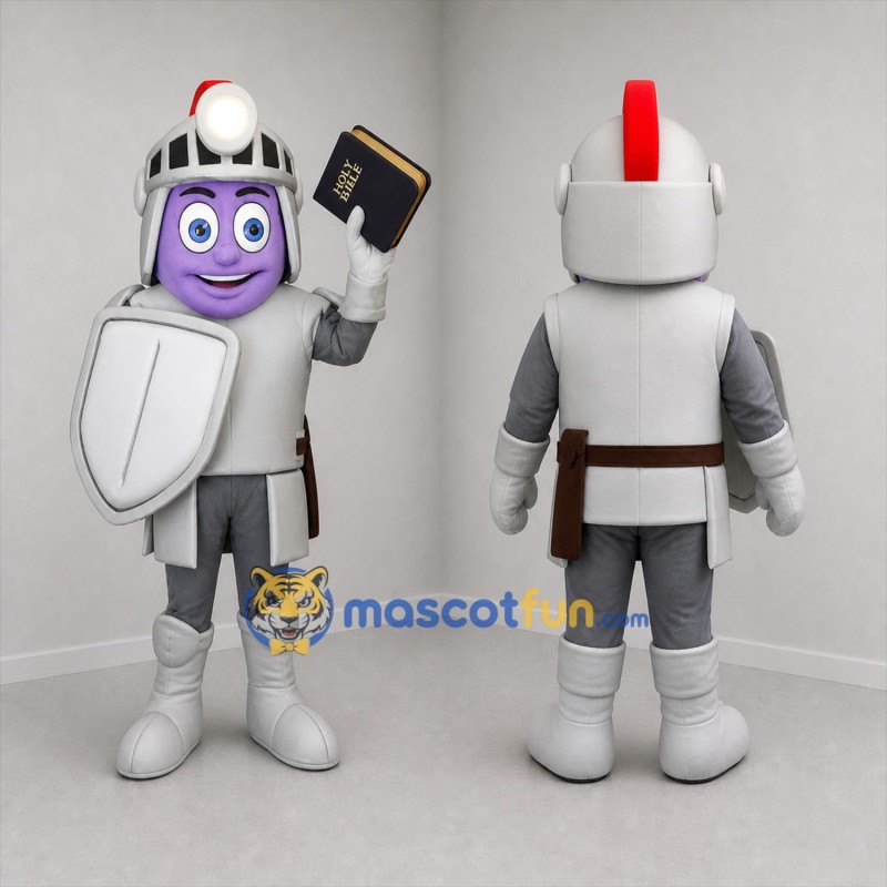 Custom Silver and Purple Knight Mascot Costume Adult Full Body Suit for Church Events
