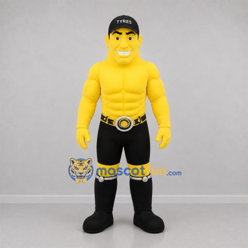 Custom Yellow and Black Strongman Mascot Costume Adult Full Body Suit for Sports Events
