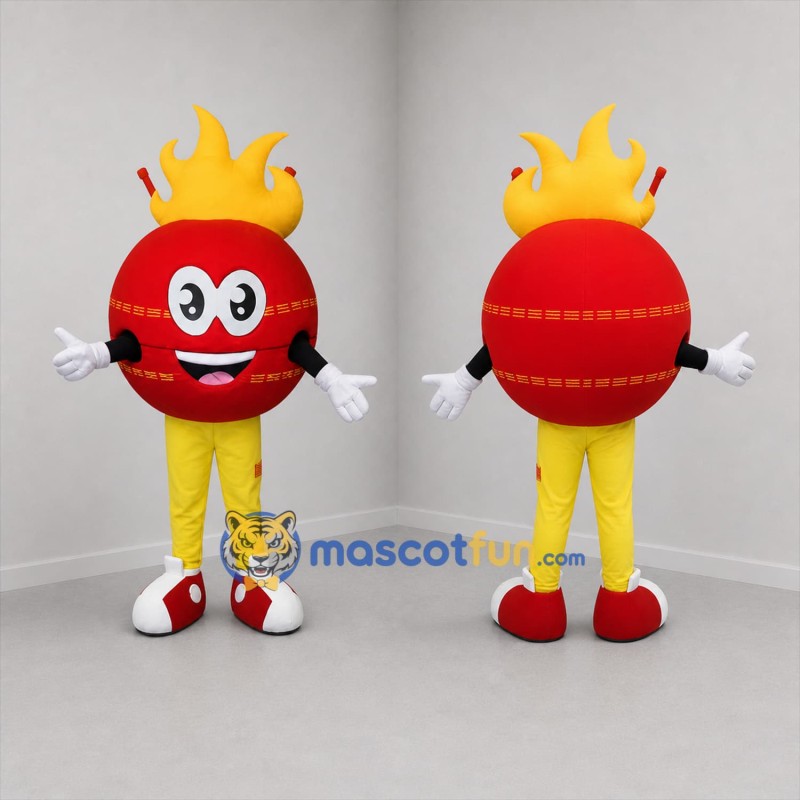 Custom Red and Yellow Flaming Cricket Ball Mascot Costume Adult Full Body Suit for Cricket Matches