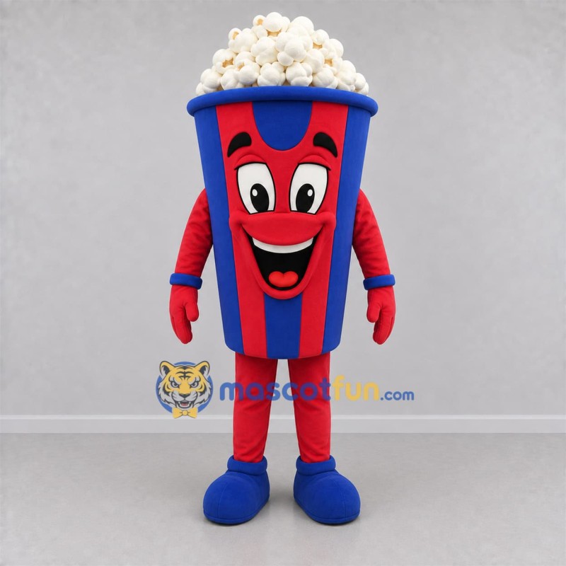 Custom Red and Blue Popcorn Bucket Mascot Costume Adult Full Body Suit for Cinema Promotions