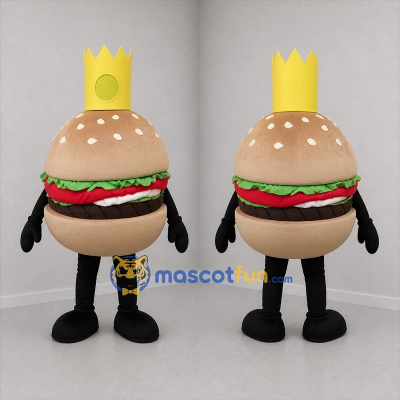 Custom Tan and Yellow Hamburger King Mascot Costume Adult Full Body Suit for Restaurant Promotions