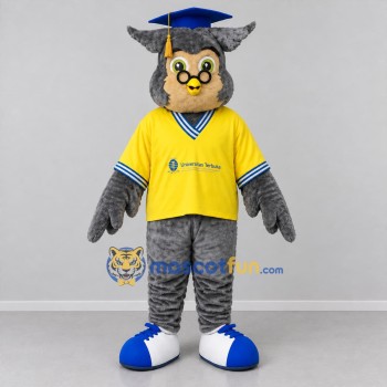 Custom Gray and Yellow Graduation Owl Mascot Costume Adult Full Body Suit for Graduation Events