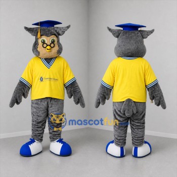 Custom Gray and Yellow Graduation Owl Mascot Costume Adult Full Body Suit for Graduation Events