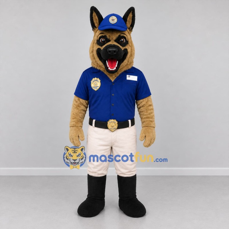 Custom Tan and Blue Police Dog Mascot Costume Adult Full Body Suit for Community Events