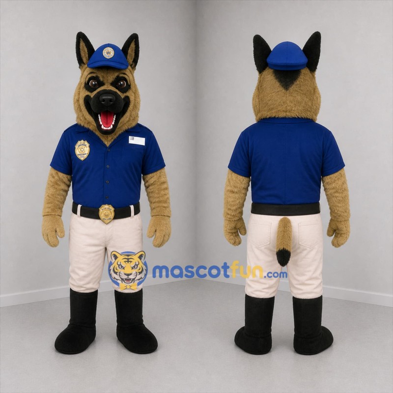 Custom Tan and Blue Police Dog Mascot Costume Adult Full Body Suit for Community Events