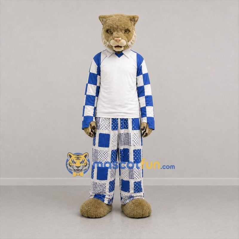 Custom Tan and Blue Wildcat Mascot Costume Adult Full Body Suit for Sports Events