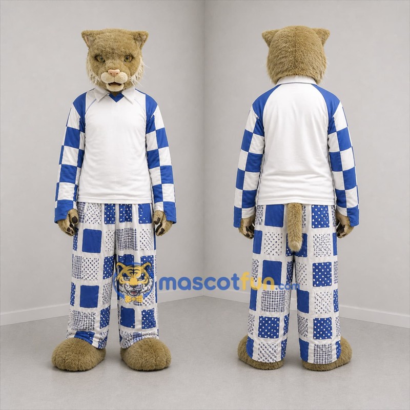 Custom Tan and Blue Wildcat Mascot Costume Adult Full Body Suit for Sports Events