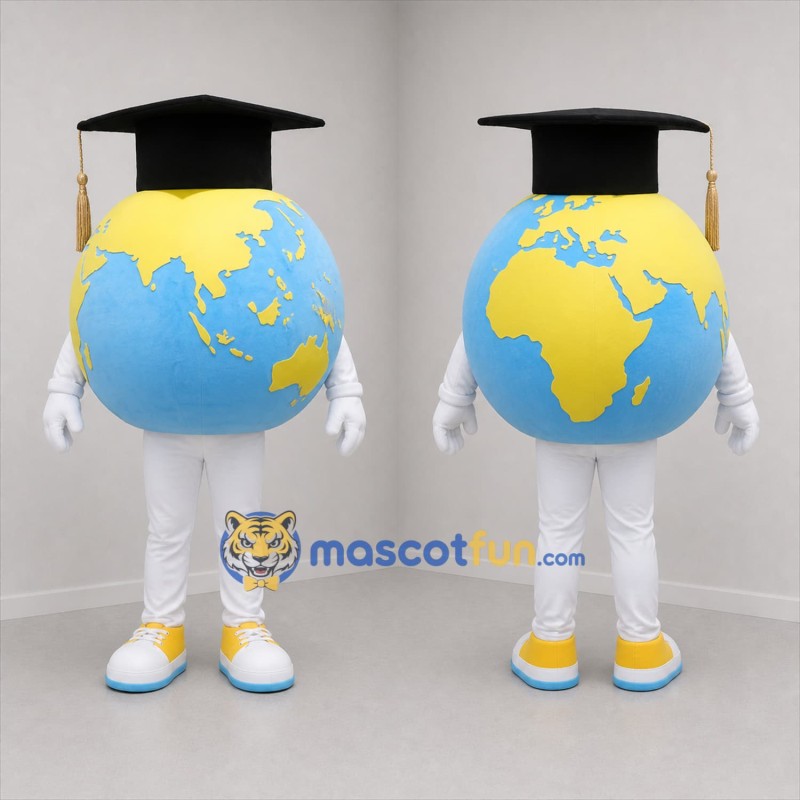 Custom Blue and Yellow Graduation Globe Mascot Costume Adult Full Body Suit for Graduation Events