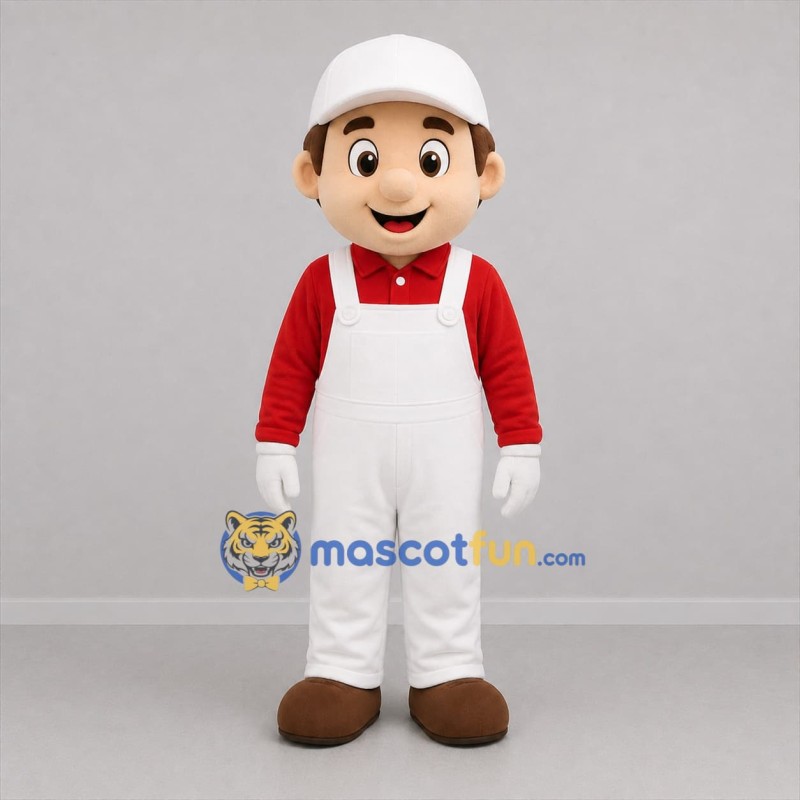 Custom White and Red Worker Mascot Costume Adult Full Body Suit for Community Events
