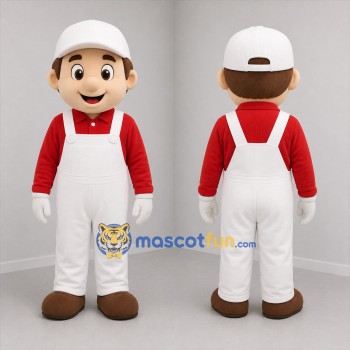 Custom White and Red Worker Mascot Costume Adult Full Body Suit for Community Events