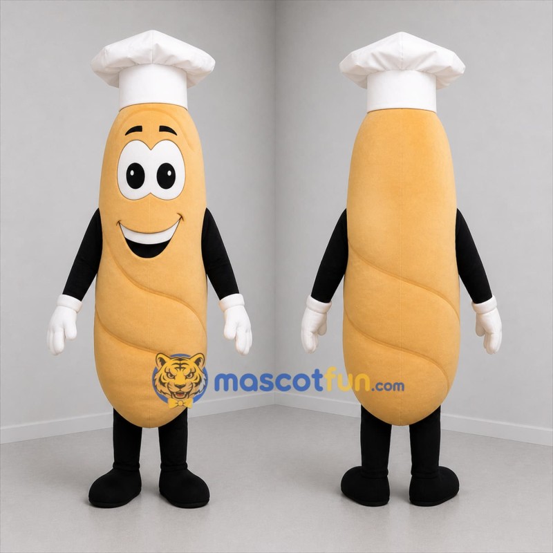Custom Golden Brown and White Baguette Chef Mascot Costume Adult Full Body Suit for Bakery Promotions