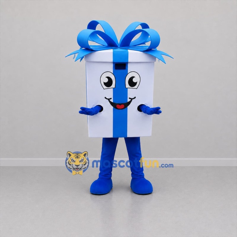 Custom White and Blue Gift Box Mascot Costume Adult Full Body Suit for Holiday Events