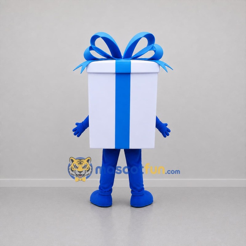 Custom White and Blue Gift Box Mascot Costume Adult Full Body Suit for Holiday Events