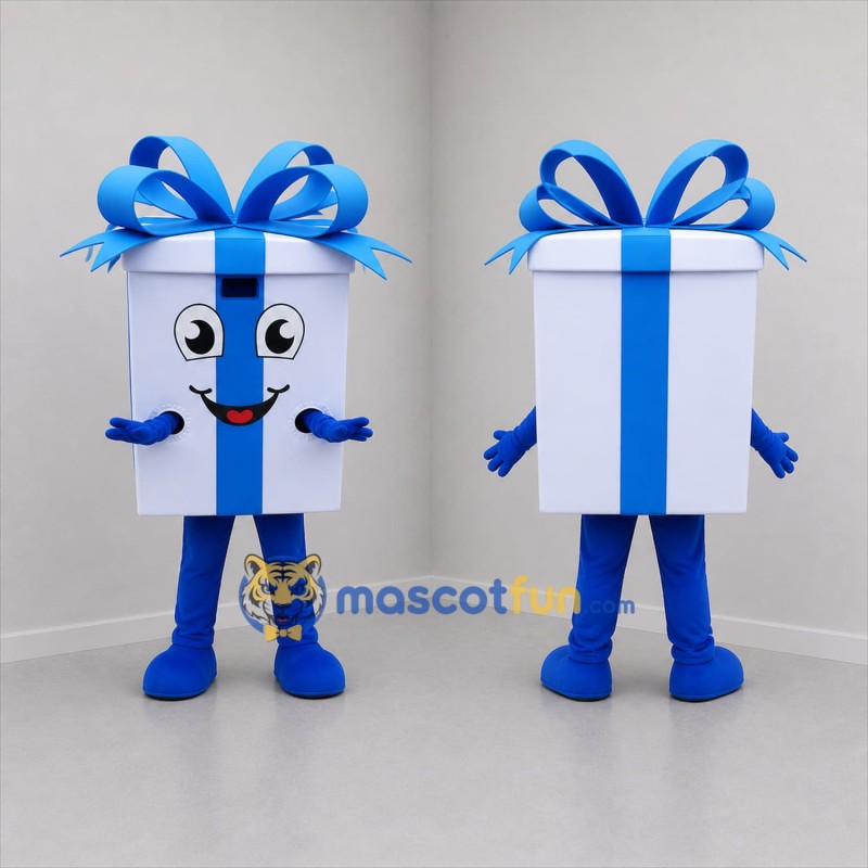 Custom White and Blue Gift Box Mascot Costume Adult Full Body Suit for Holiday Events