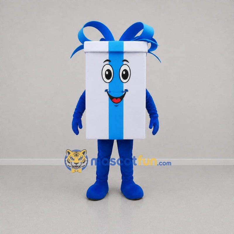 Custom White and Blue Gift Box Mascot Costume Adult Full Body Suit for Holiday Events