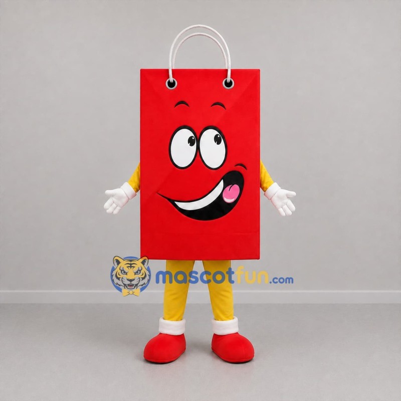 Custom Red and Yellow Shopping Bag Mascot Costume Adult Full Body Suit for Retail Promotions
