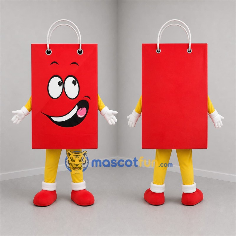 Custom Red and Yellow Shopping Bag Mascot Costume Adult Full Body Suit for Retail Promotions