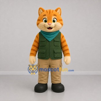 Custom Orange and Green Explorer Cat Mascot Costume Adult Full Body Suit for Adventure Events