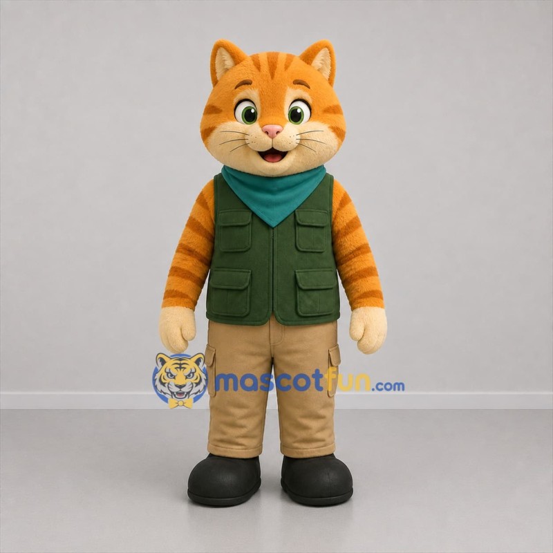 Custom Orange and Green Explorer Cat Mascot Costume Adult Full Body Suit for Adventure Events