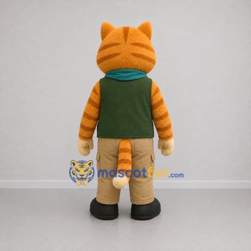 Custom Orange and Green Explorer Cat Mascot Costume Adult Full Body Suit for Adventure Events